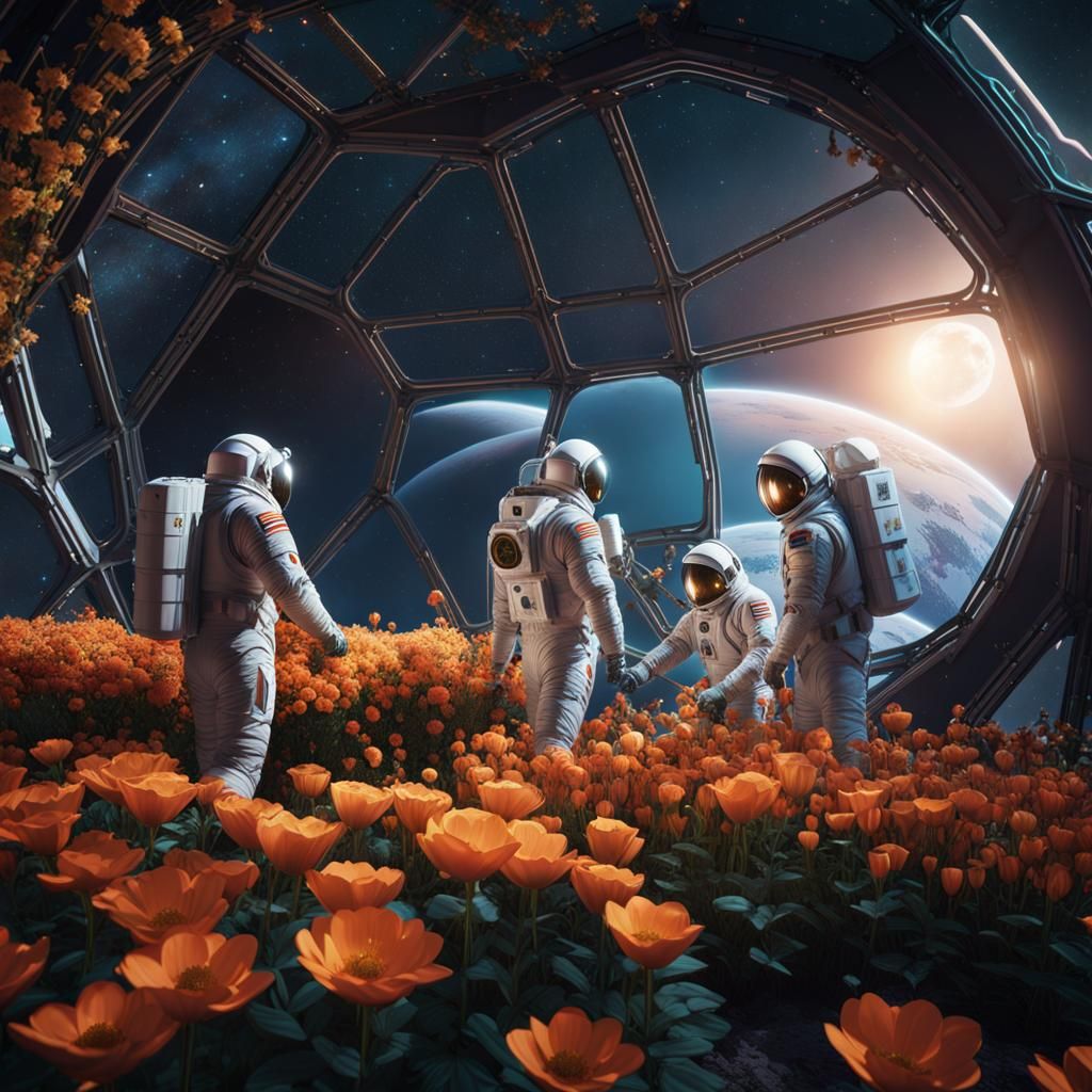Astronauts Tend Lunar Flowers in Geodesic Dome