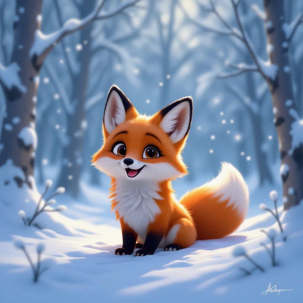 Adorable Fox Plays in Snowy Forest, Watercolor and Oil Style
