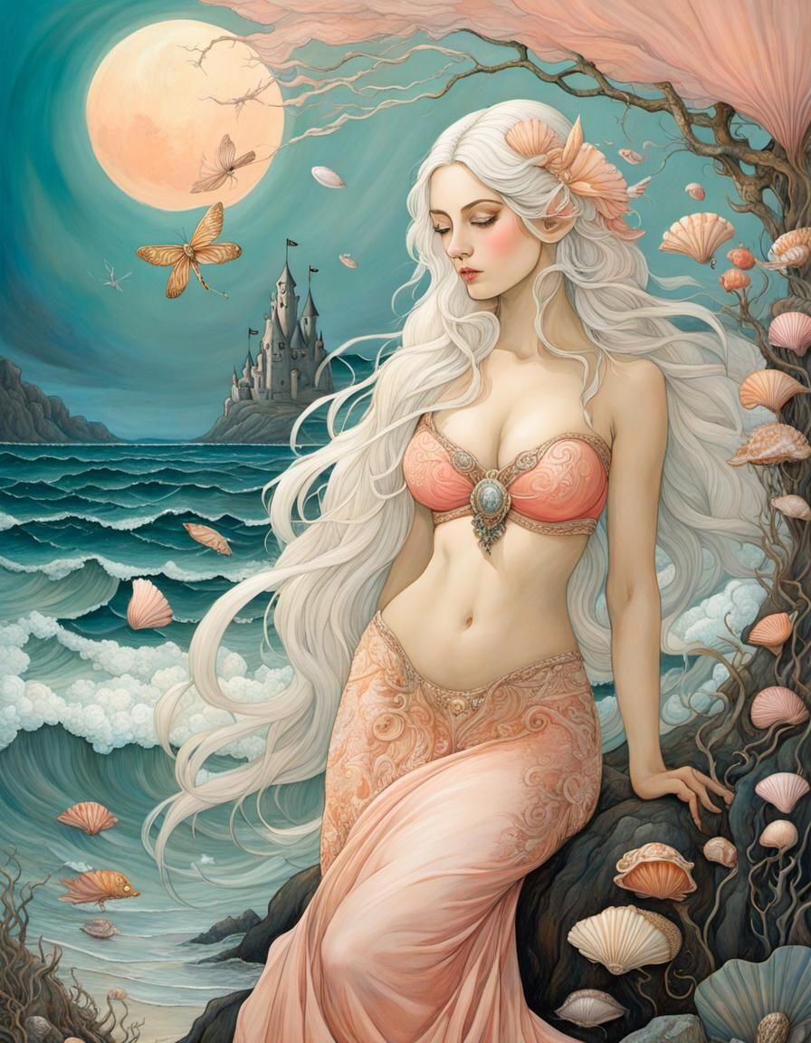 Seashell Mermaid on Private Island in Surreal Style