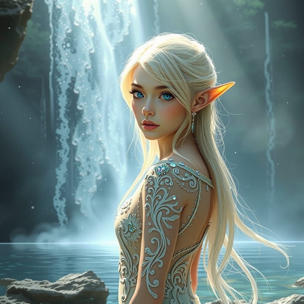 Enchanting Elf Princess Before Mystical Waterfall in Hyper-R...