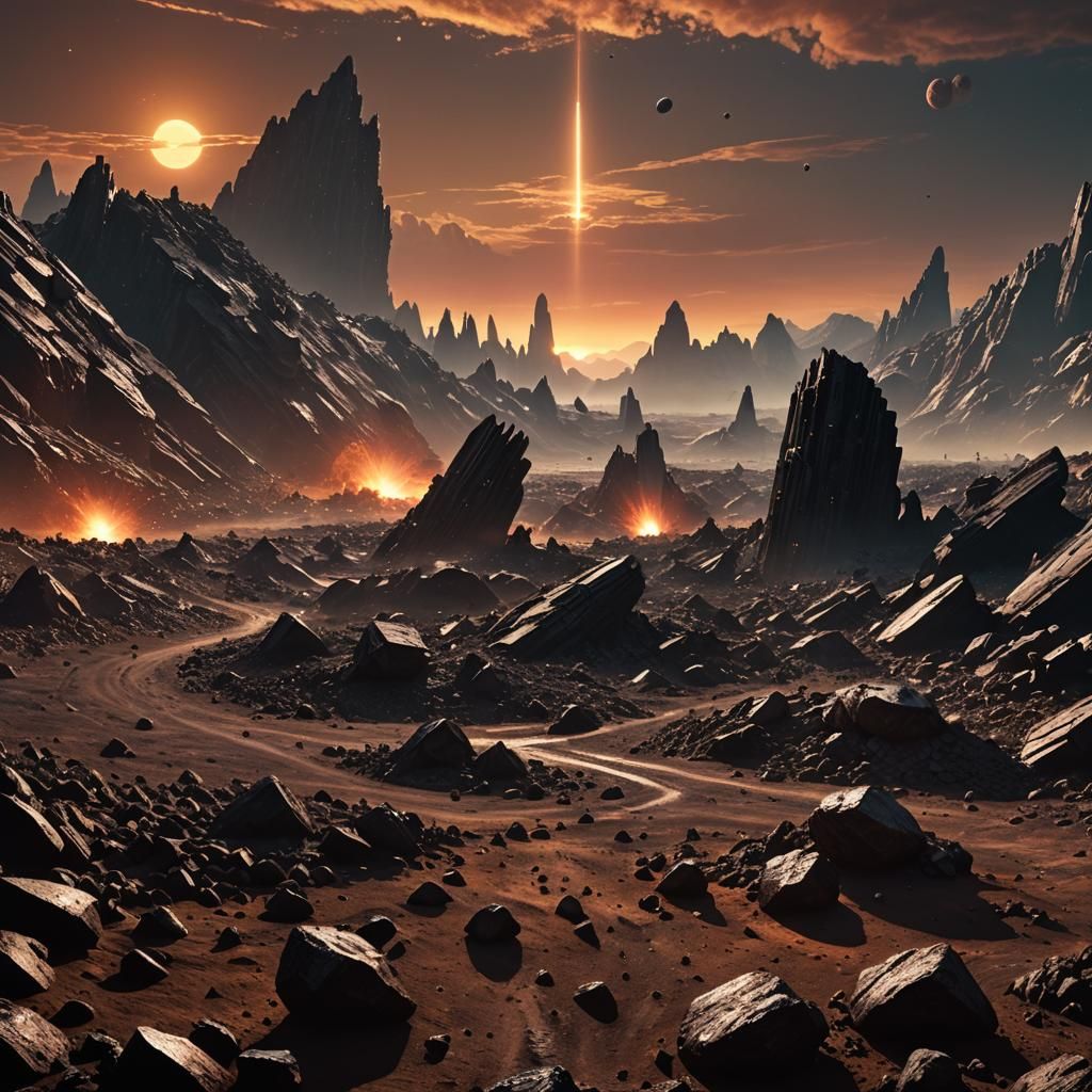 Alien City Amidst Asteroids in Cinematic Style