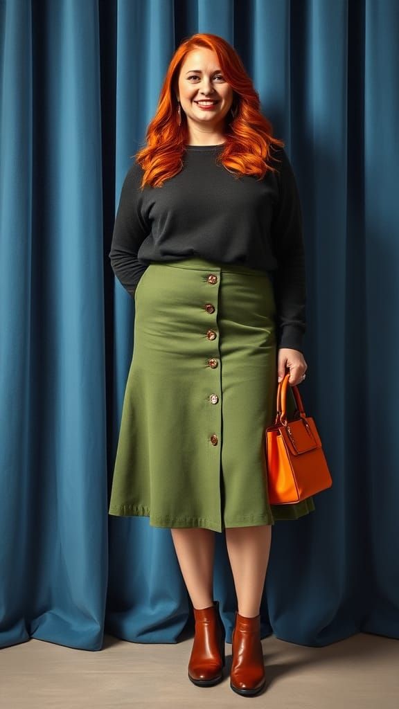 Plus Size Woman Models Green Wool Outfit as Oil Painting