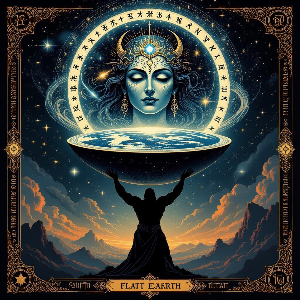 Flat Earth Held by Atlas Under Celestial Dome