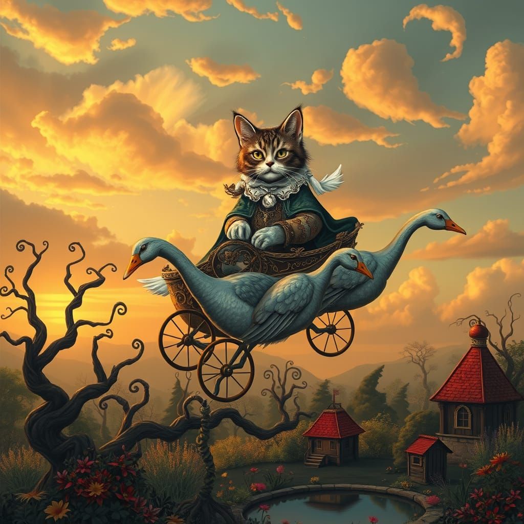 Feline Aviatrix in Whimsical Victorian Chariot