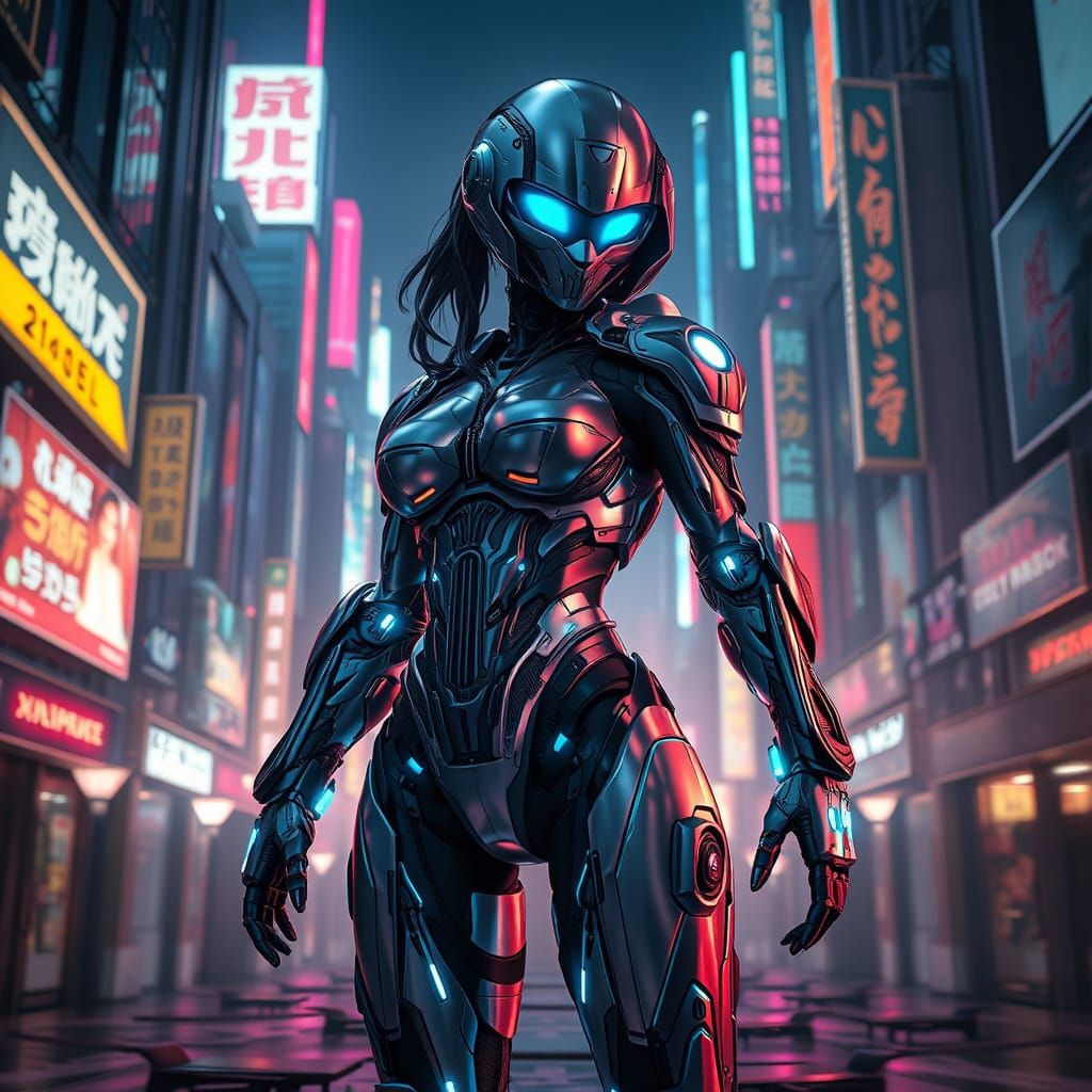 Cyborg Warrior in Neon Dystopia