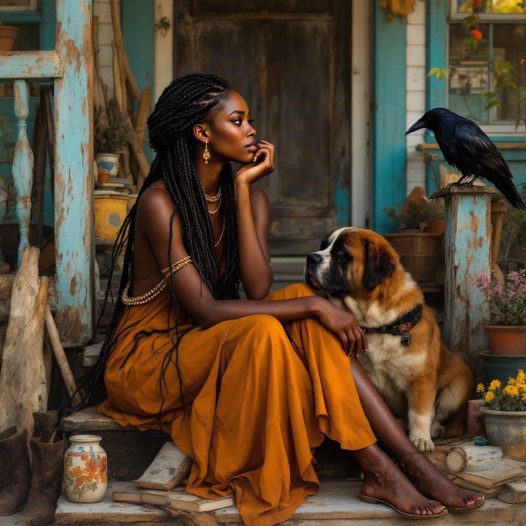 African Woman in Harmonious Porch Scene with Dog and Raven