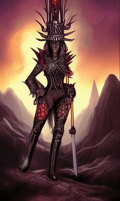 Armored Queen Amidst Burning Village in Airbrush Art