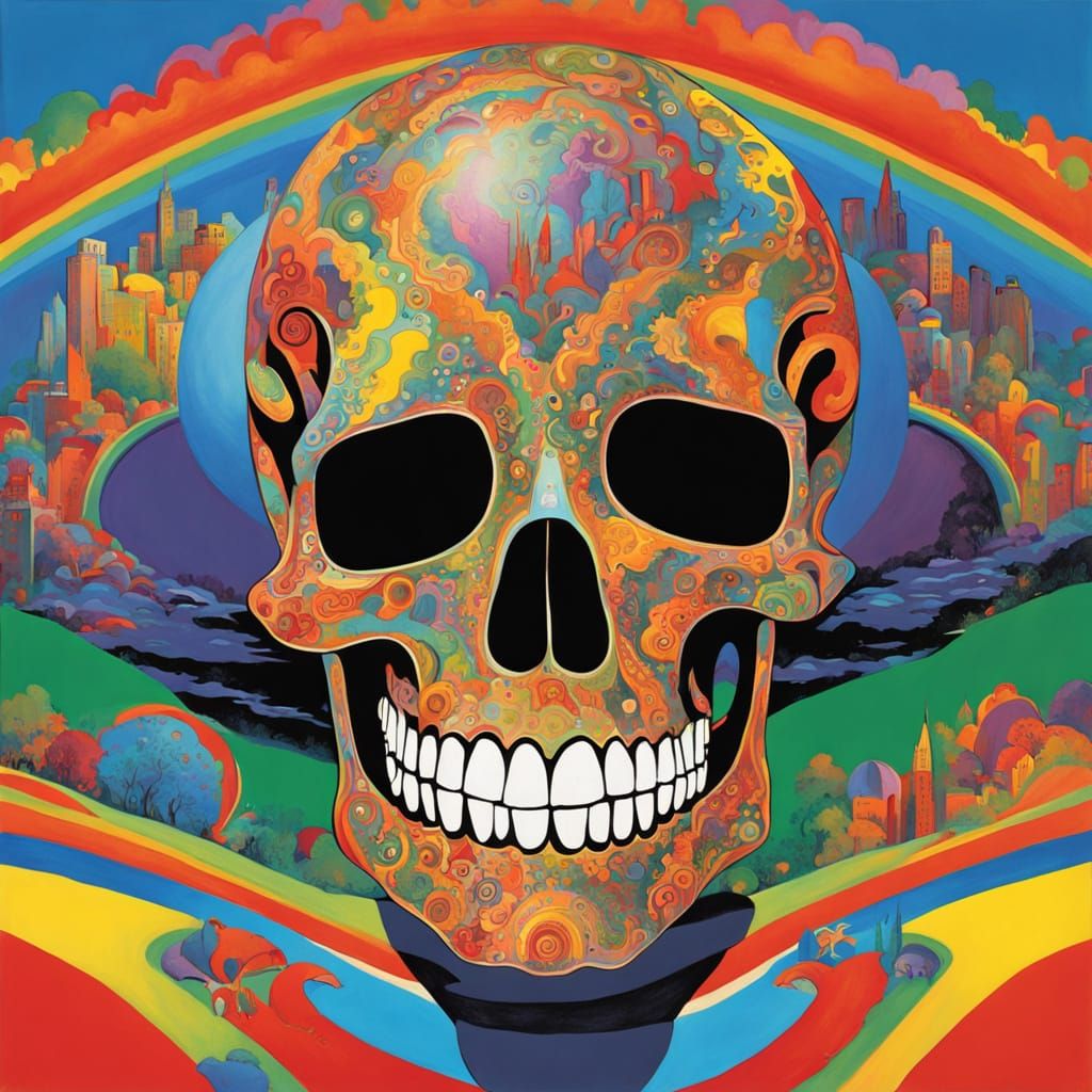 Vibrant Psychedelic Skull in Whimsical Gnome Hat