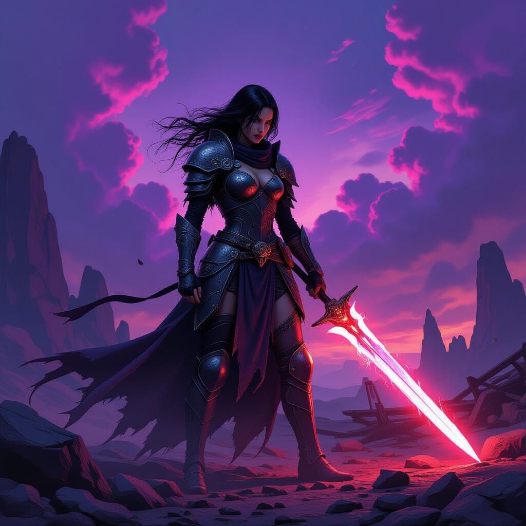 Defiant Warrior on Alien Battlefield in Dark Fantasy Style