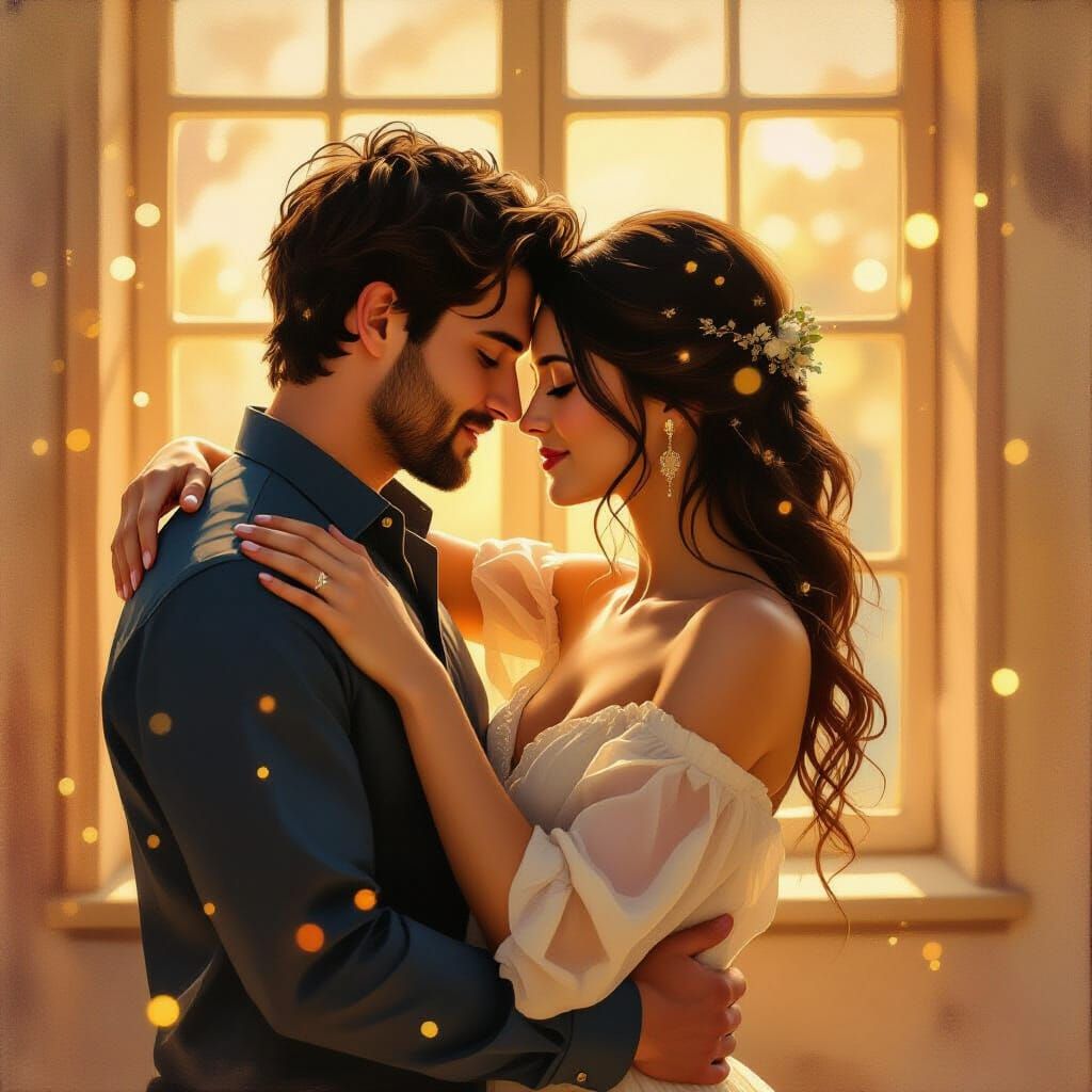 Soulmate Embrace in Golden Hour Oil Painting