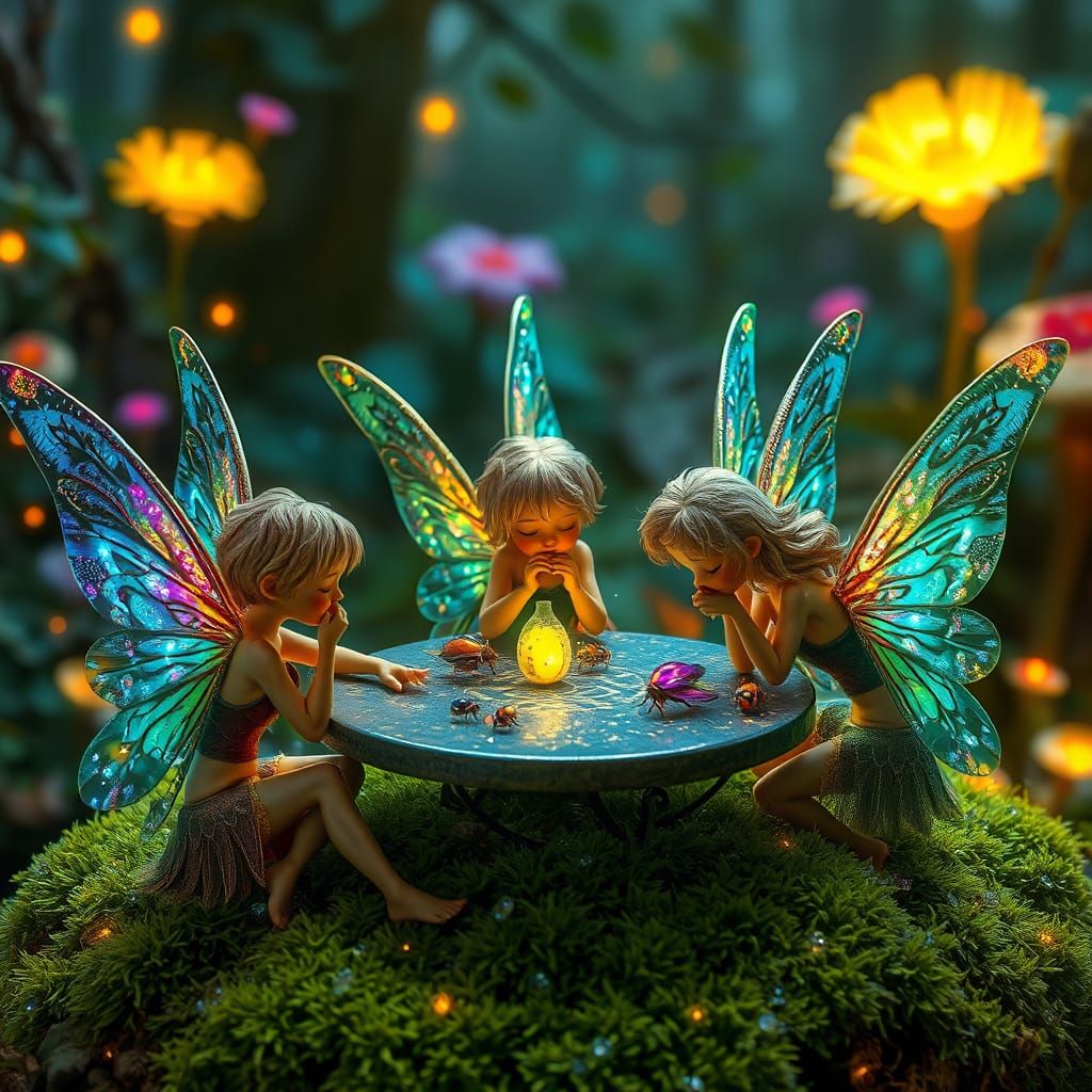 Fairies Feast on Jeweled Insects in Fantasy Forest