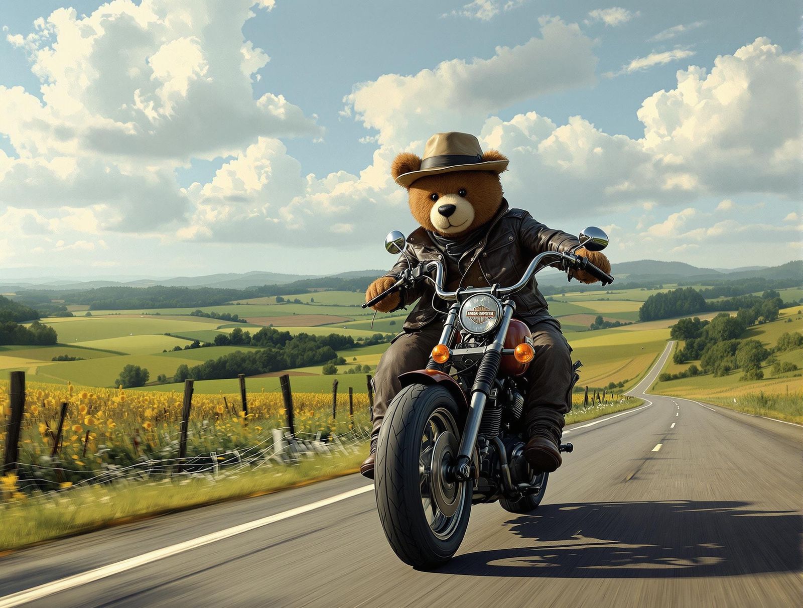 Teddy Bear Biker on Harley, Gritty Realism
