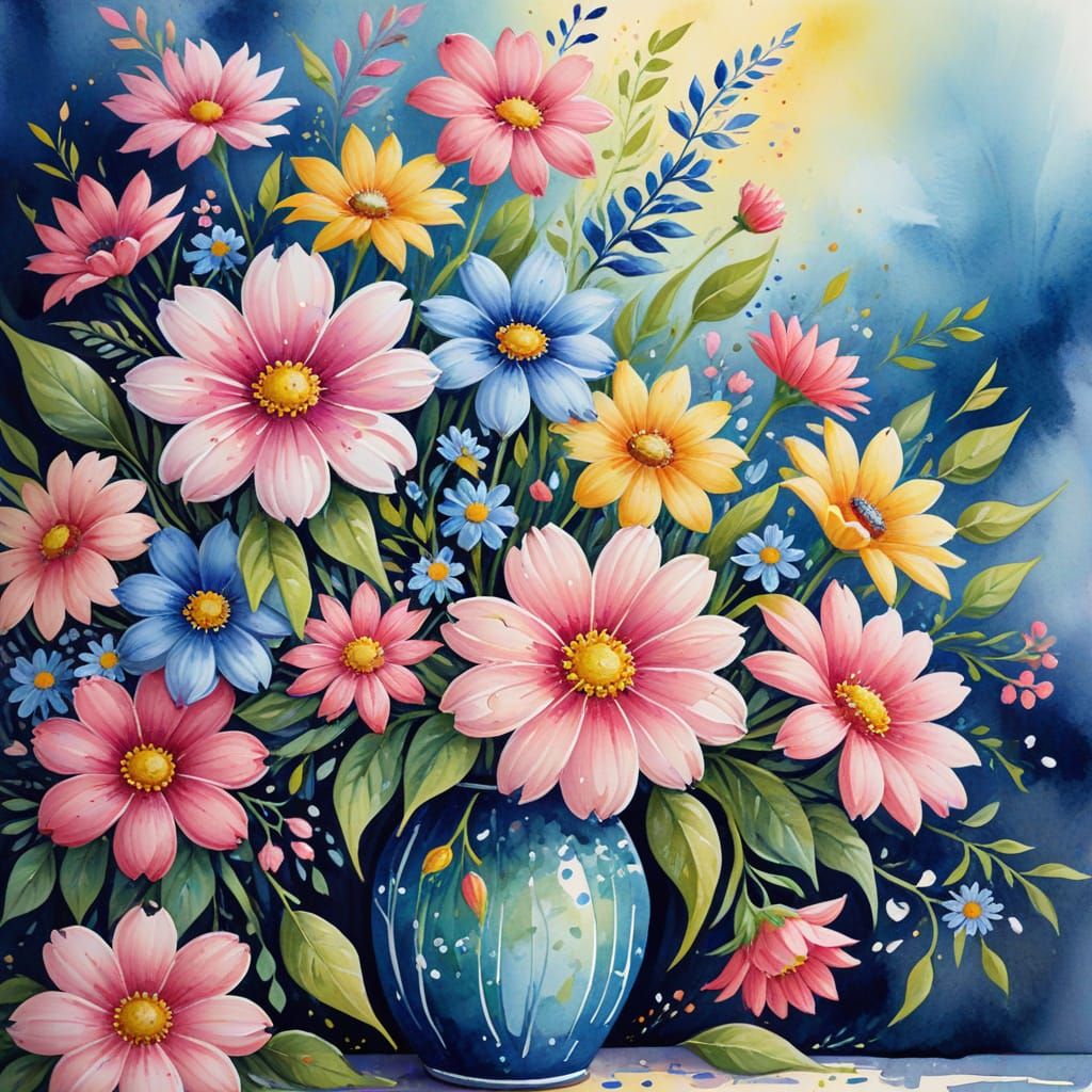 Vibrant Floral Masterpiece in Whimsical Gouache Style