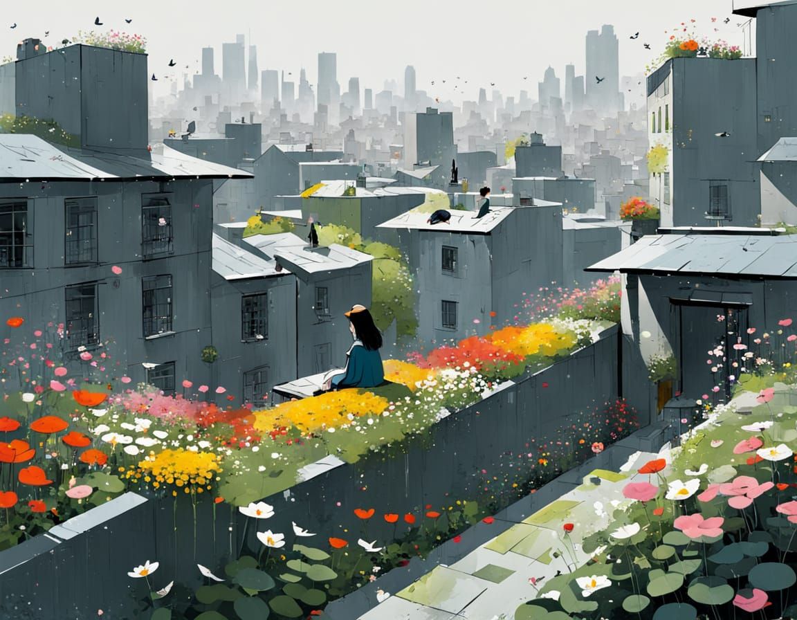 Girl Surrounded by Vibrant Blooms in a Desolate Urban Oasis