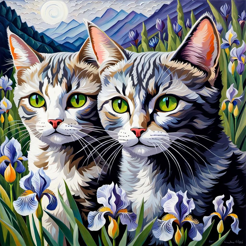 Grey Tabby Cats in Iridescent Floral Fantasy Art