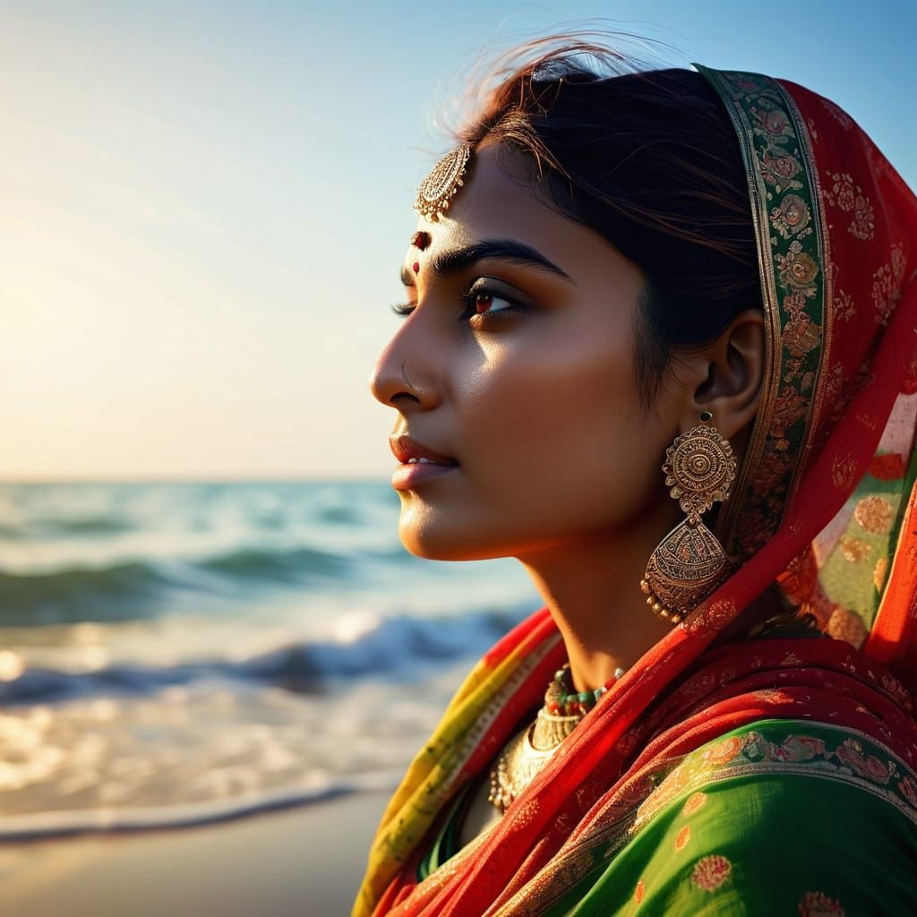 Serene Indian Woman in Colorful Sari on Sunny Beach