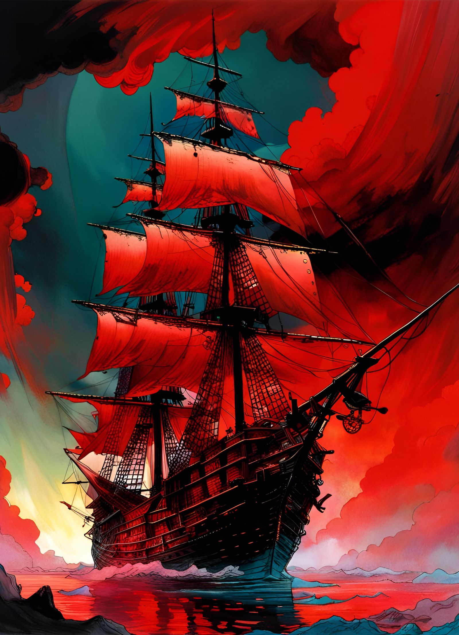 Ghost Pirate Ship Under Red Clouds