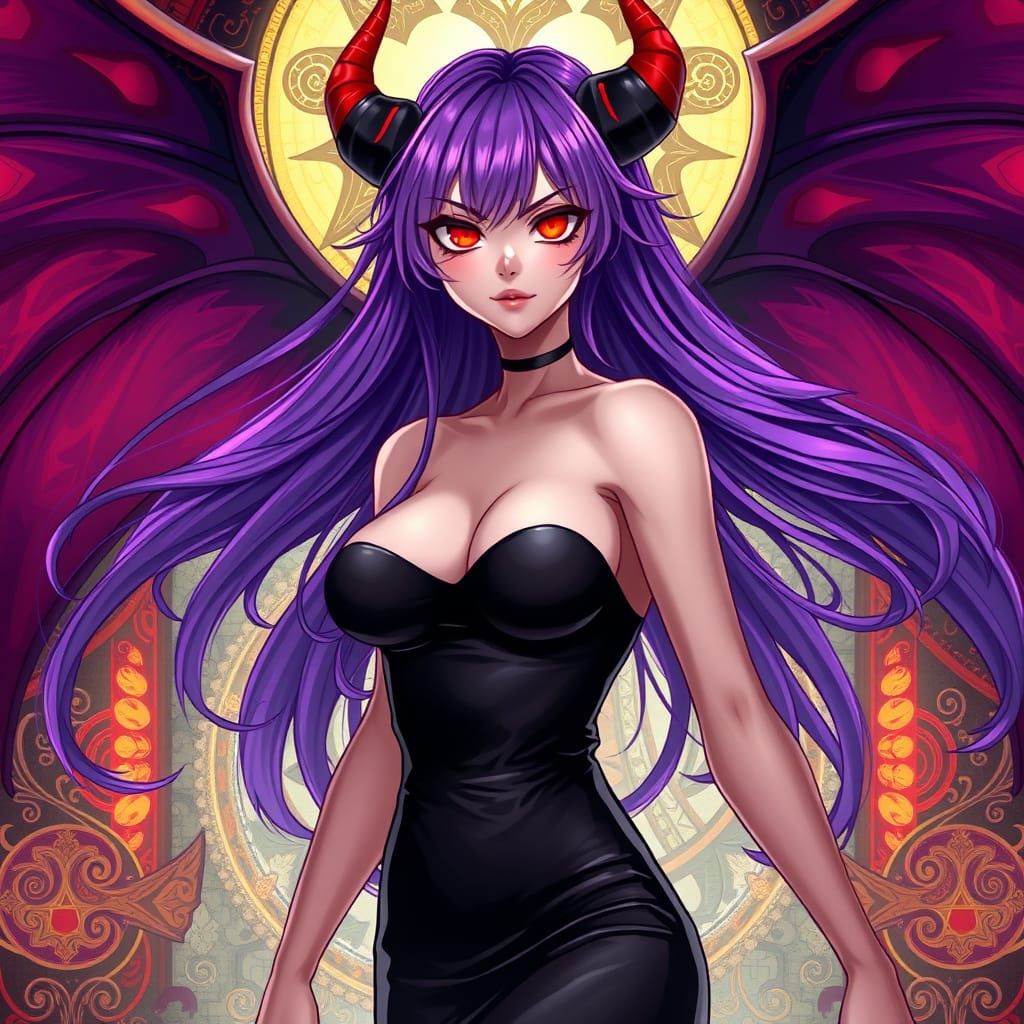 Surreal Anime-Inspired Demon Girl in Elegant Black Dress