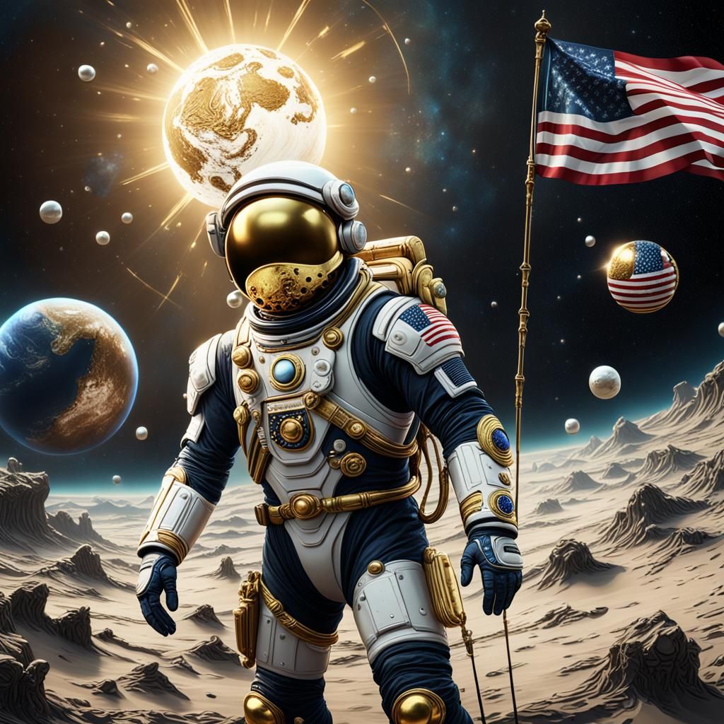 Golden Pearl Jupiter with US Astronaut, Fantasy Art
