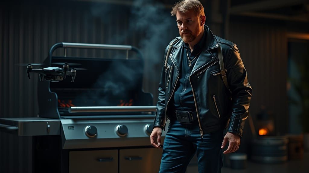 Futuristic Dad in Cyberpunk Style with BBQ Drone