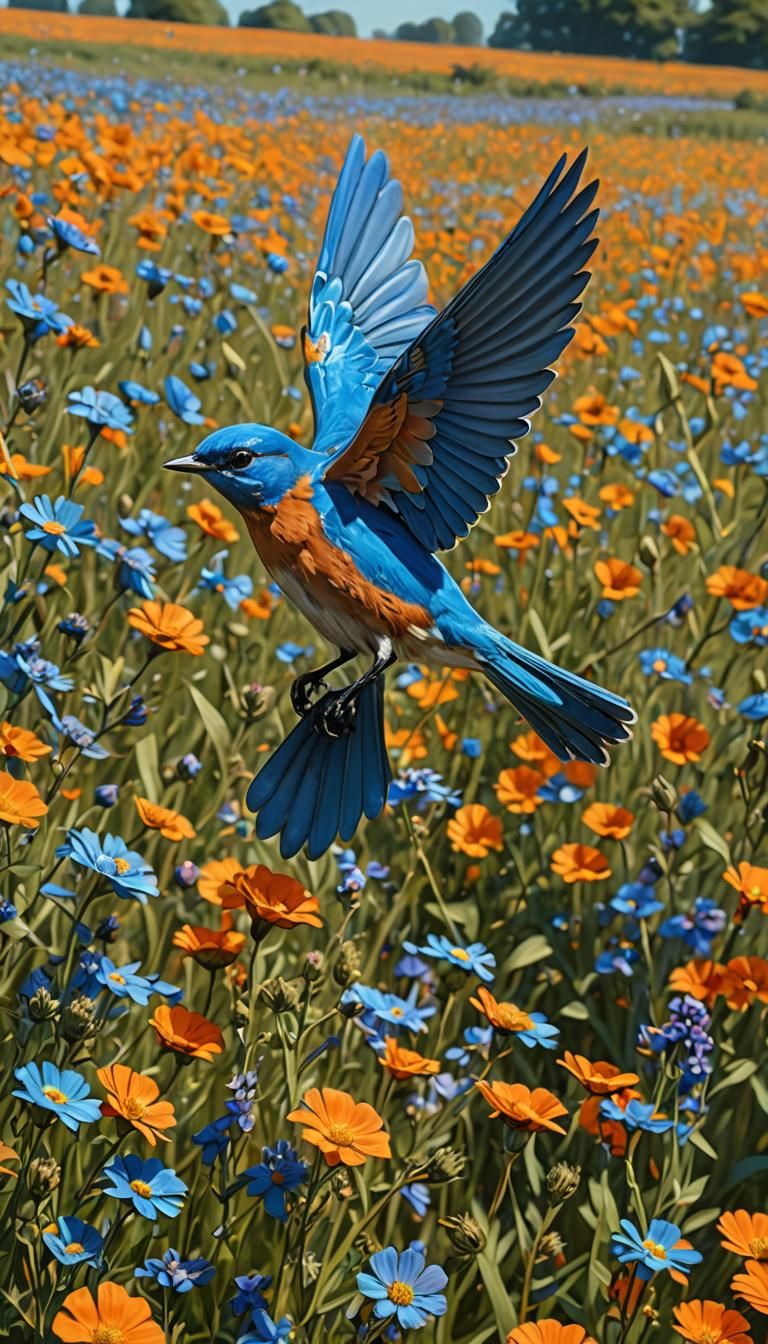 Bluebird Flying Over Wildflower Field: Hyperdetailed Art