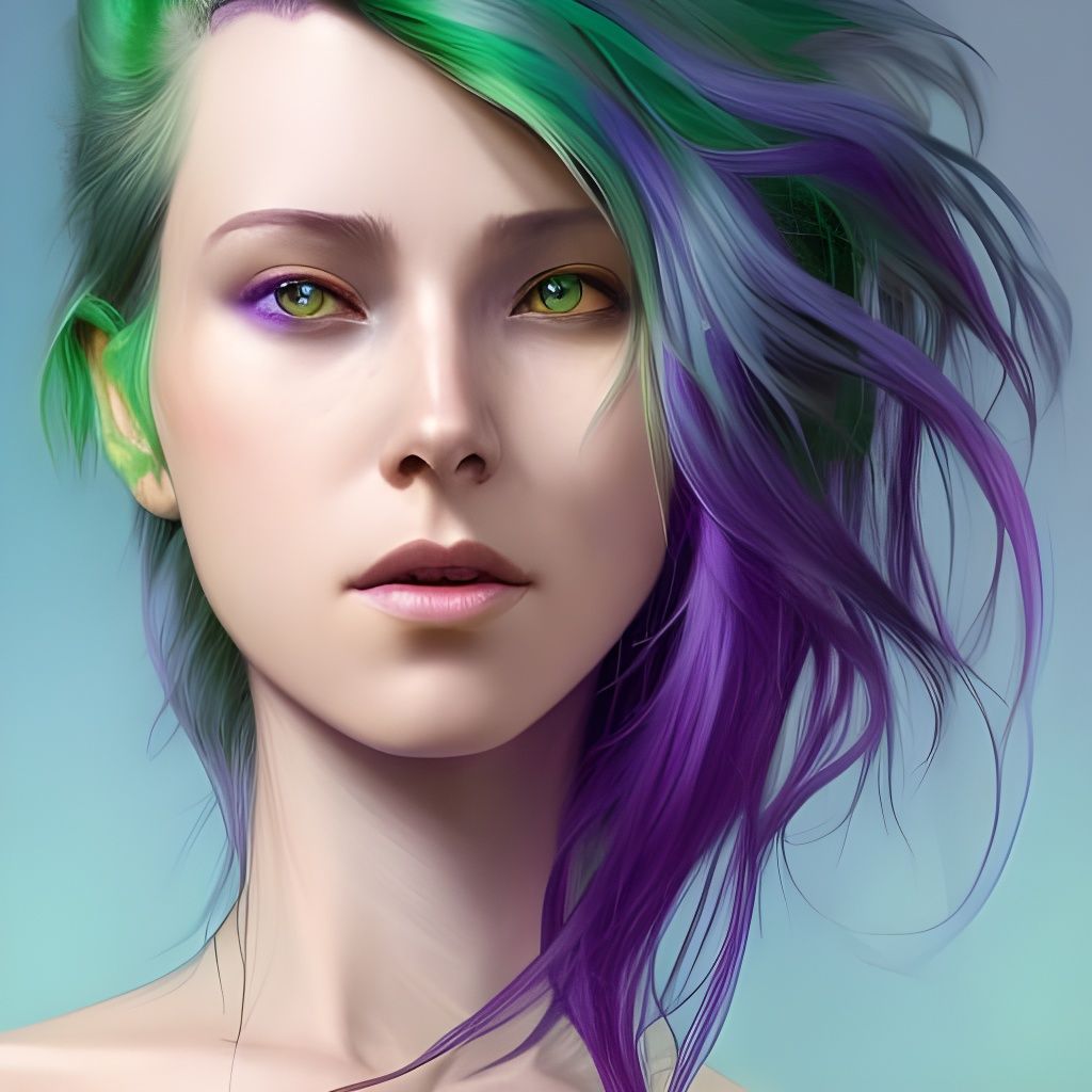 Green-Skinned Figure Portrait with Purple Hair