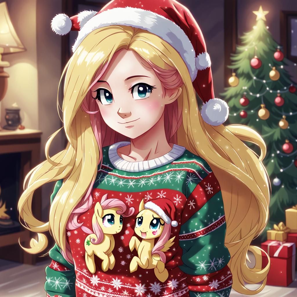 Fluttershy in Christmas Sweater, Anime Style
