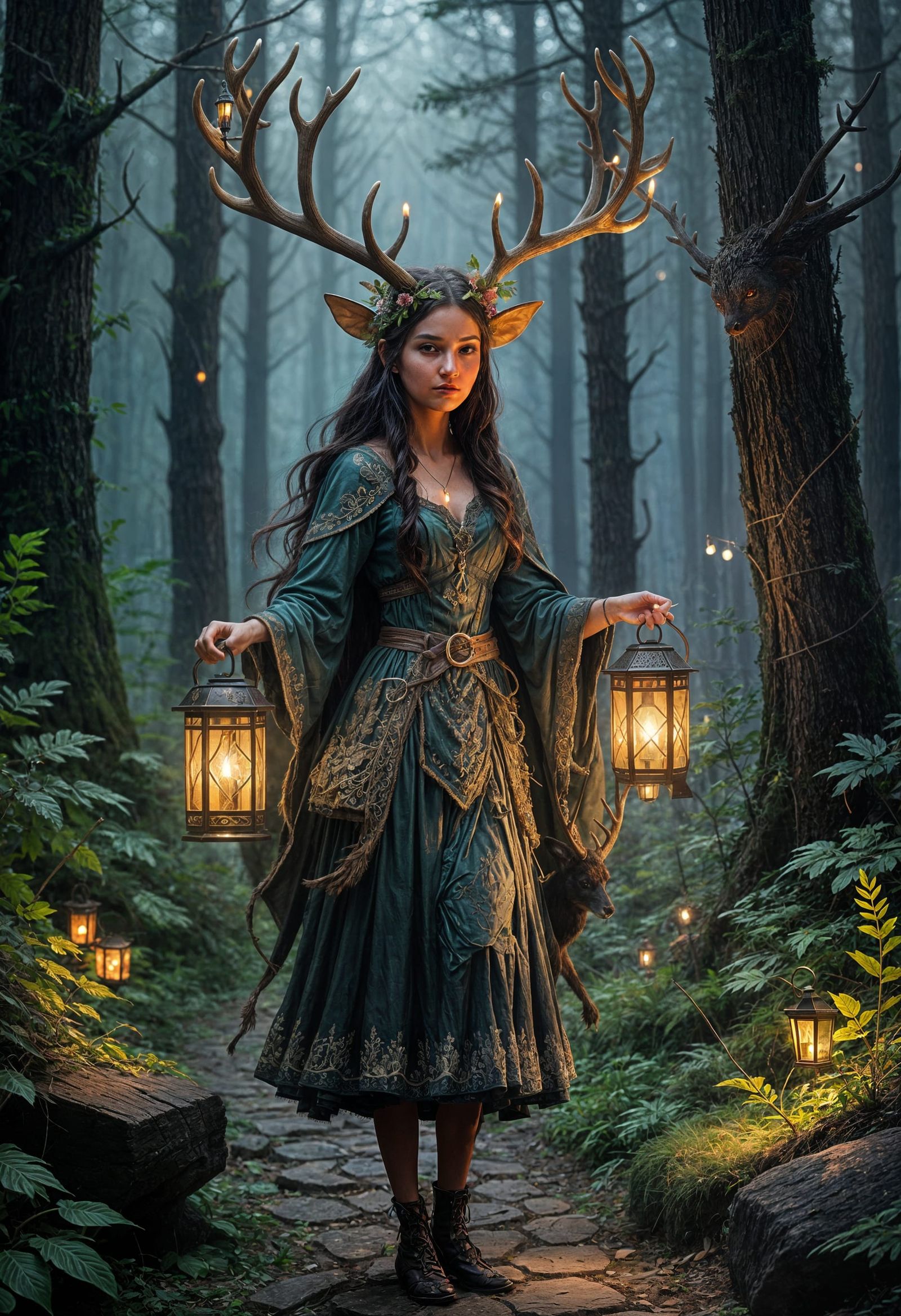 Shadowy Antlered Fairy Lights Lanterns