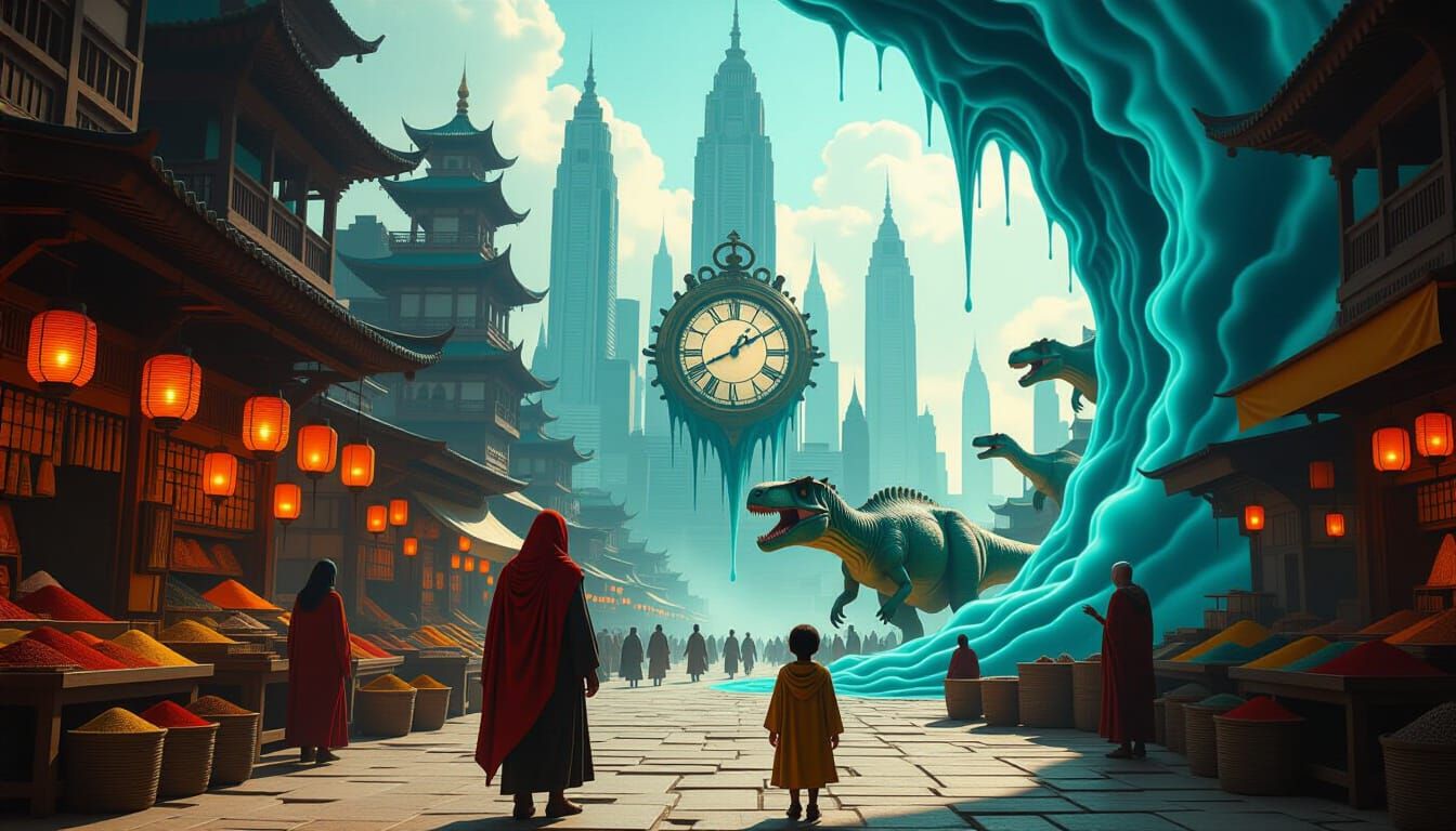 Surreal Time-Traveling Marketplace with Dinosaurs and Skyscr...