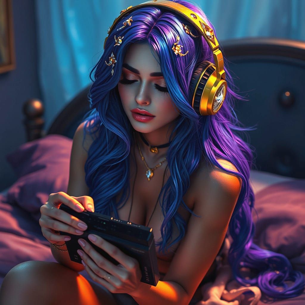 Woman with Blue Hair Listening to Music