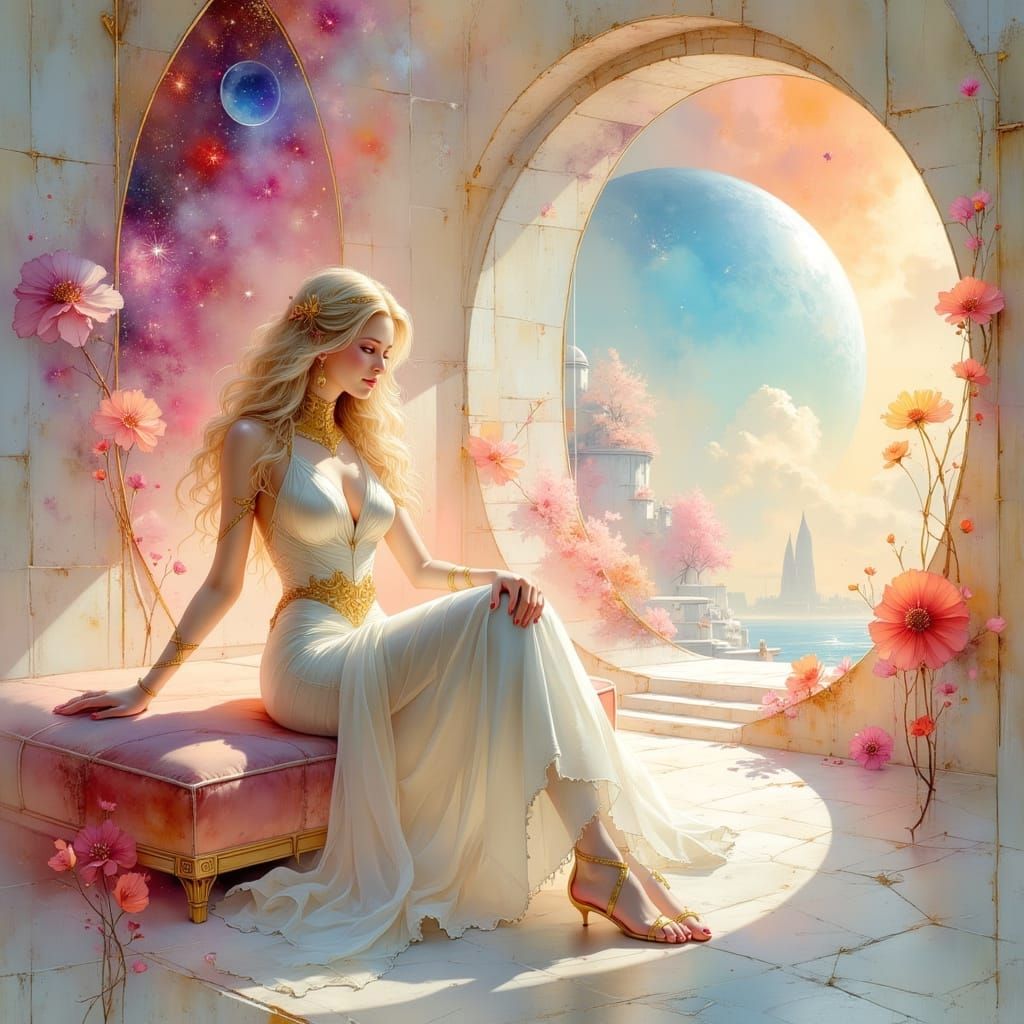 Smiling Blonde Galactic Woman in Spaceship, Dreamscape