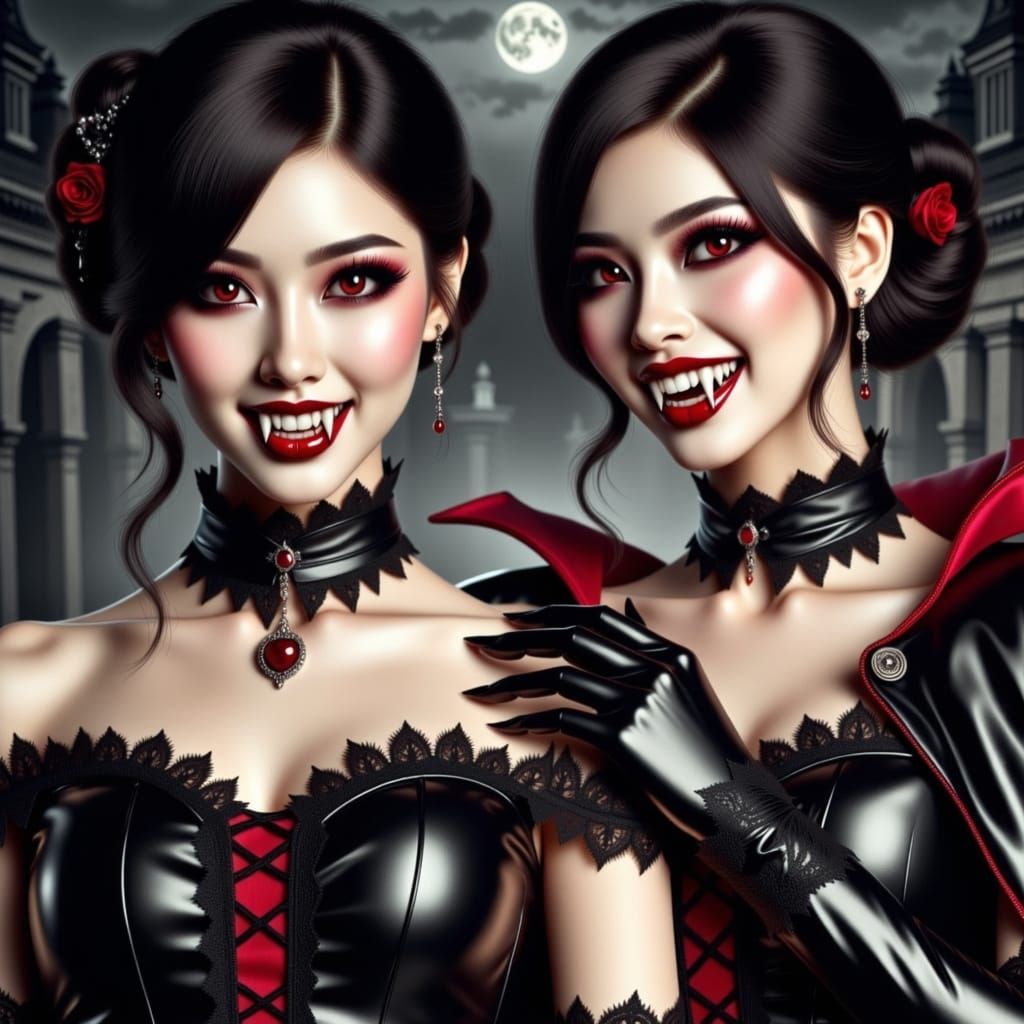 Gothic Japanese Vampire Brides in Dark Cemetery