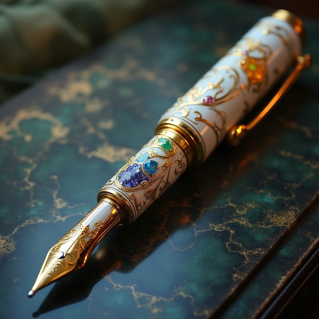 Luxurious White Porcelain Fountain Pen with Jewel-Toned Inla...