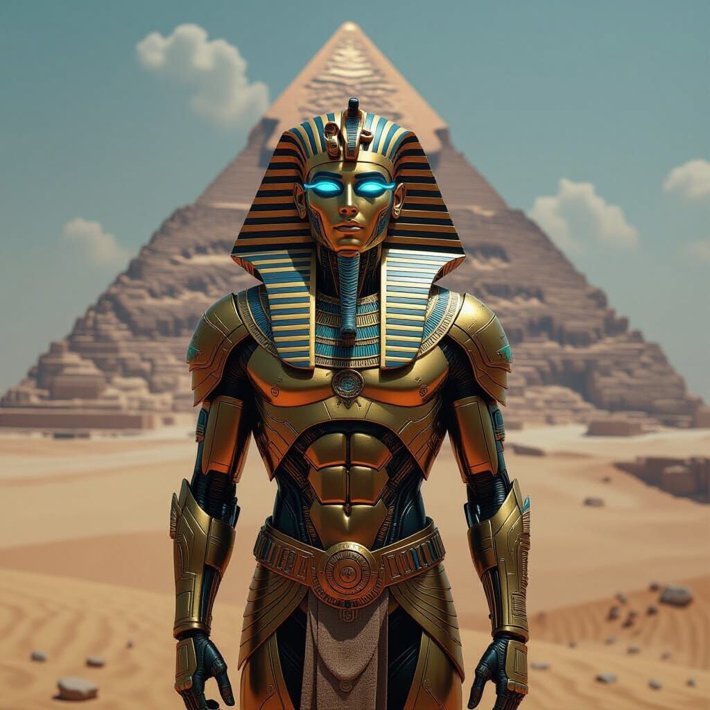 Cyborg Pharaoh Amidst Ancient Pyramid, Biomechanical Style