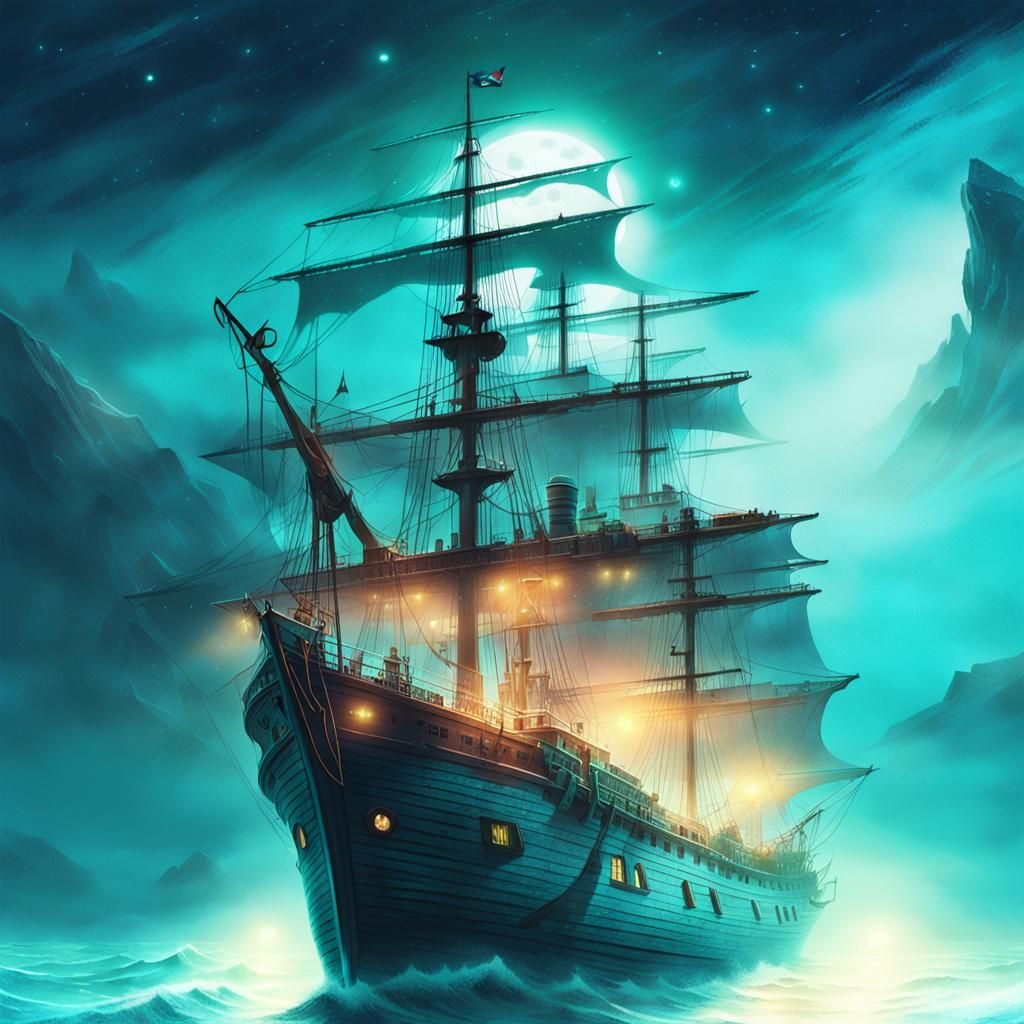 Ethereal Ghost Ship in Glowing Starry Ocean