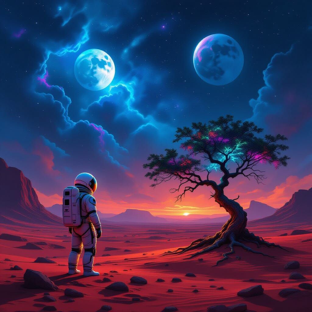 Astronaut Gazes at Alien Sky with Two Moons