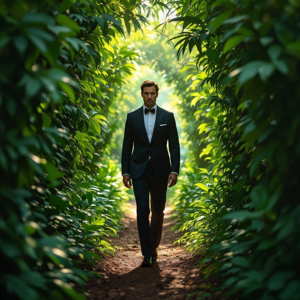 Man in Suit Walks Through Sunlit Bushland