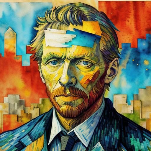 torn paper collage art, watercolours - fall with Van Gogh's ...