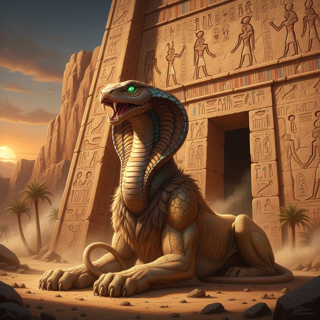 Lion-Cobra Hybrid Guards Egyptian Tomb at Sunset
