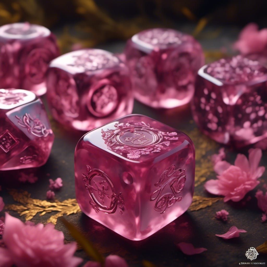 <lora:Dreamshaper:1.0> pink quartz dice, sakura and nature entails on dice. ...