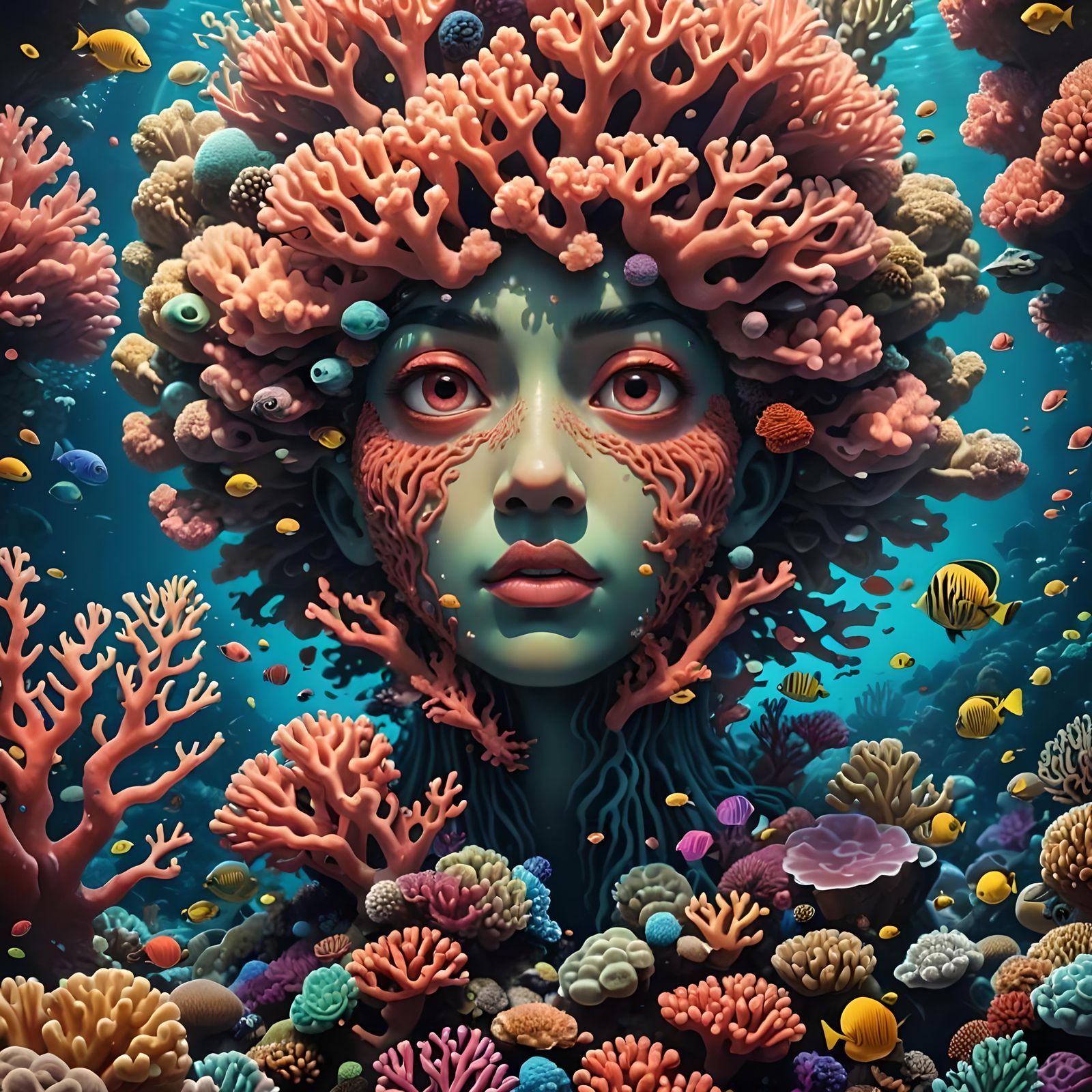 Surreal Coral Reef Face in Lofi Style