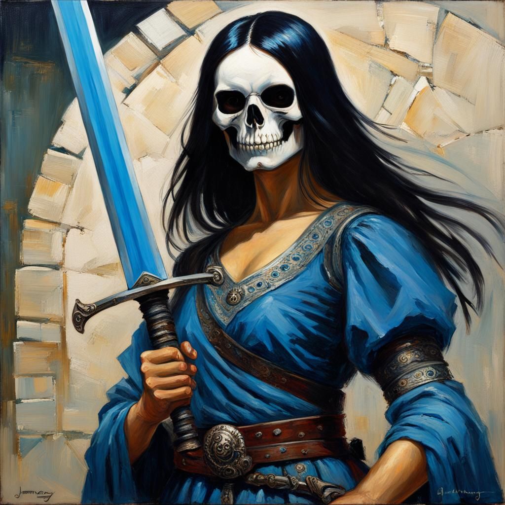 Girl with Skull Mask and Blue Sword, Oil Painting