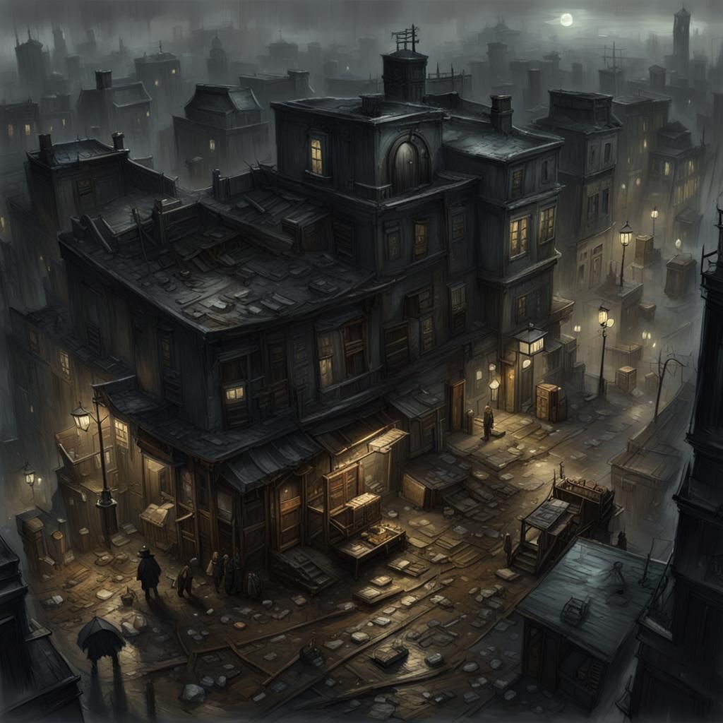 Grimdark Victorian Slums in Foggy Chiaroscuro Lighting