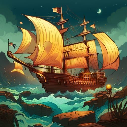 Luminous Pirate Ship Digital Painting with Golden Outlines