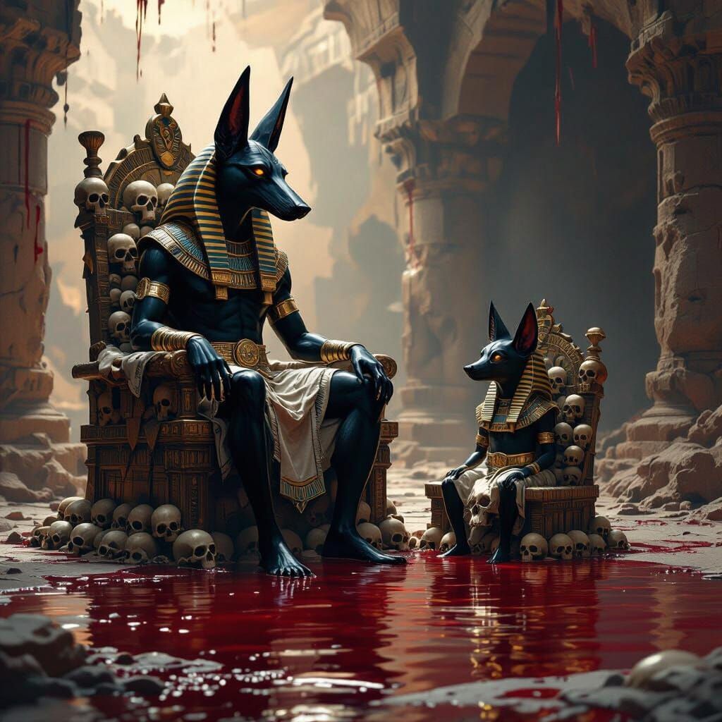 Anubis God and Child in Dark Fantasy Digital Painting