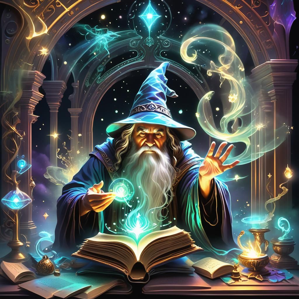 Wizard Summons Spirit in Magic Book, Neon Art