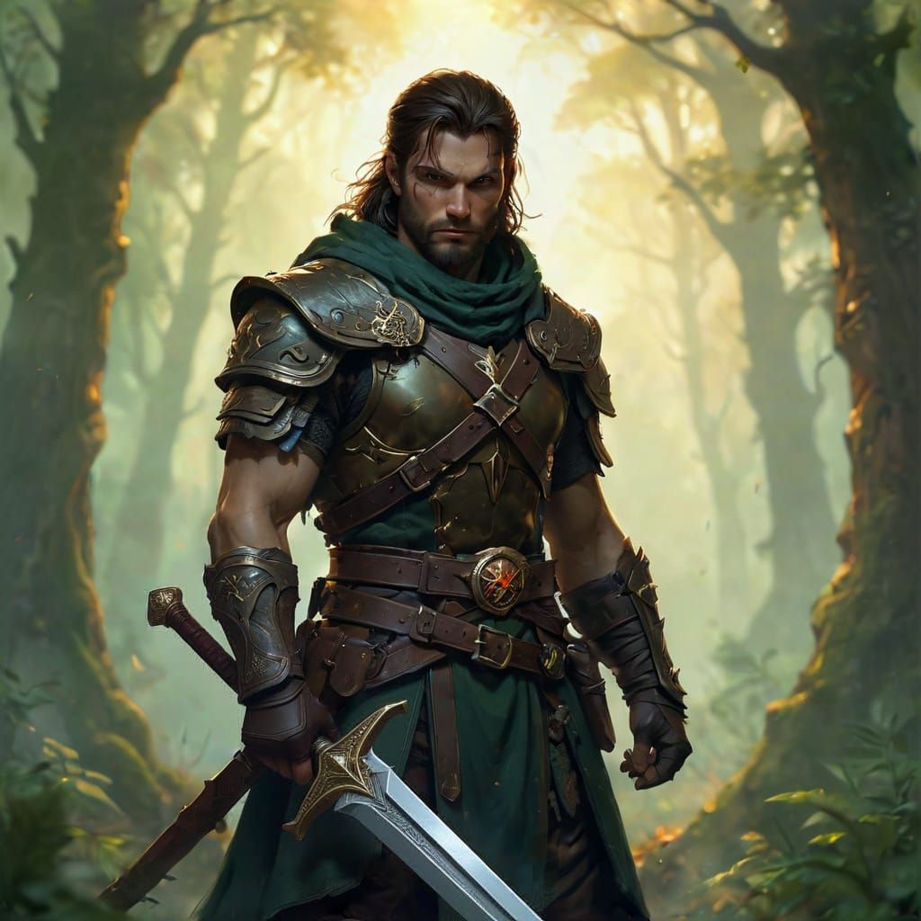 Fantasy Ranger in Mystical Forest: Digital Painting