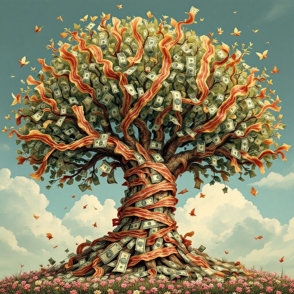 Surrealist Bacon Money Tree in Whimsical Dreamlike Style
