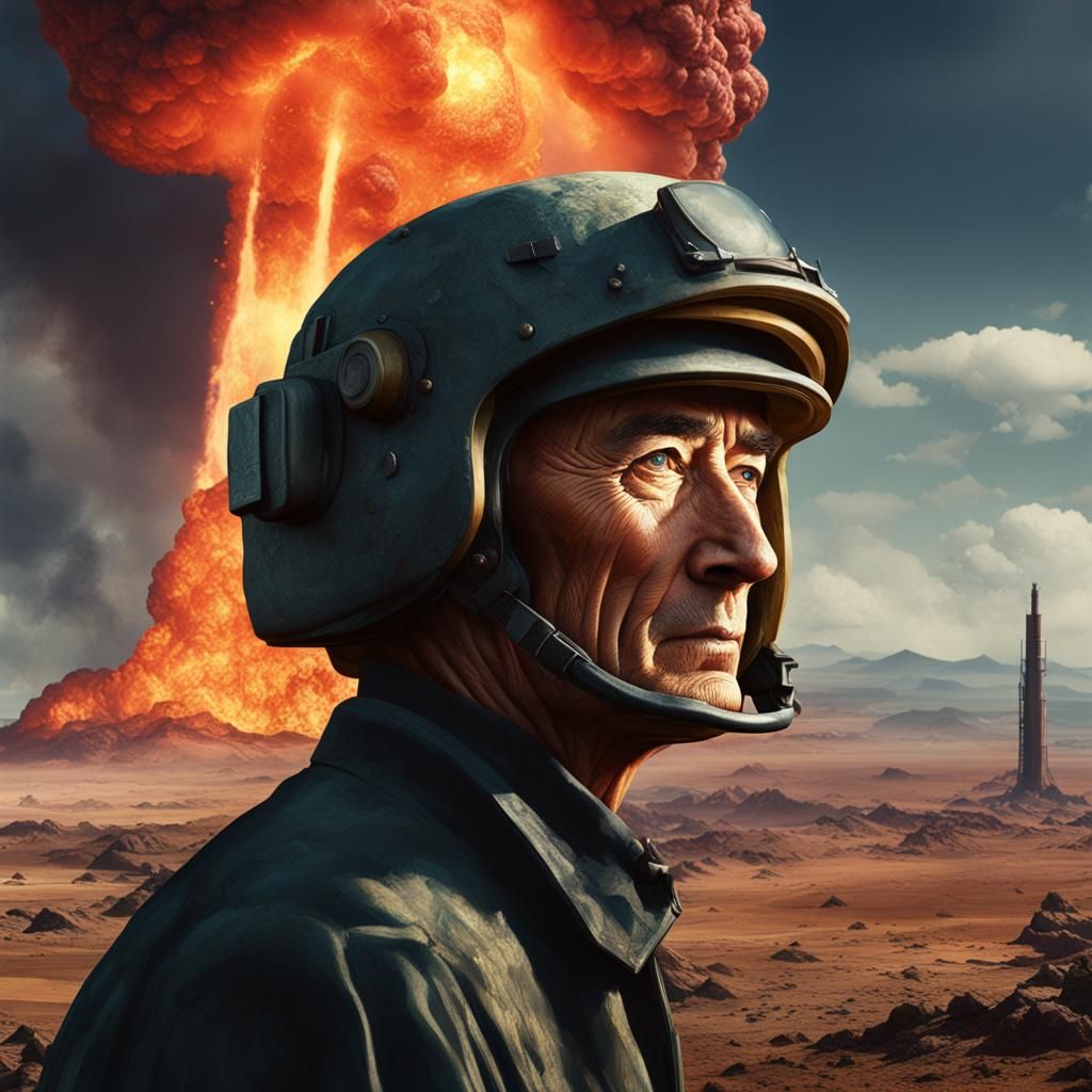 Oppenheimer Portrait with Nuclear Explosion in Oil Paint