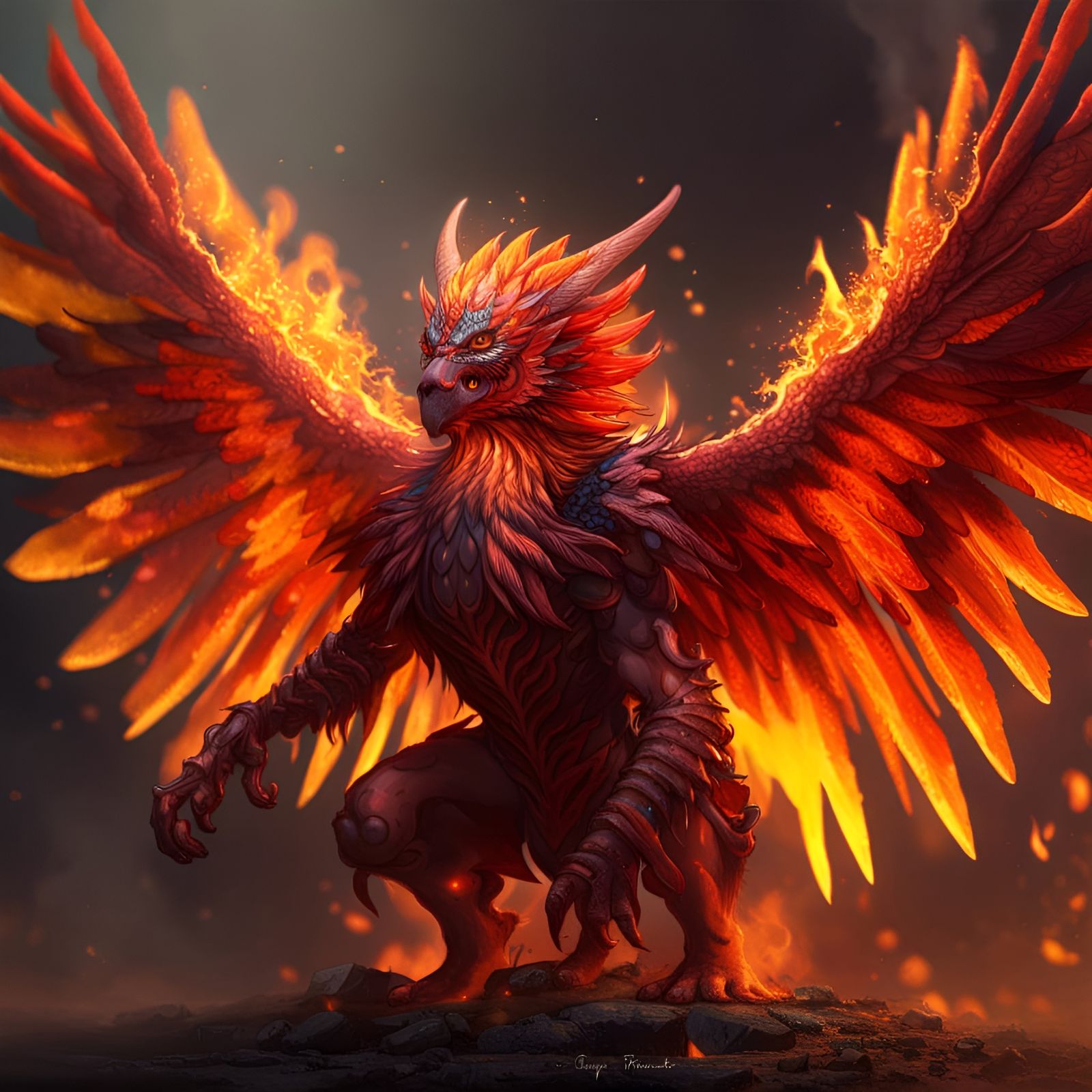 Dramatic Fire Creature with Burning Wings